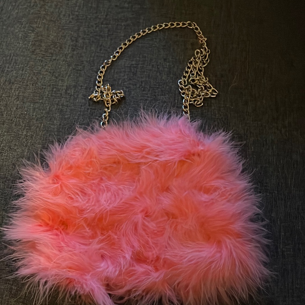 River Island Rabbit Fur Handbag With Gold Chain Stra-Hot Pink.